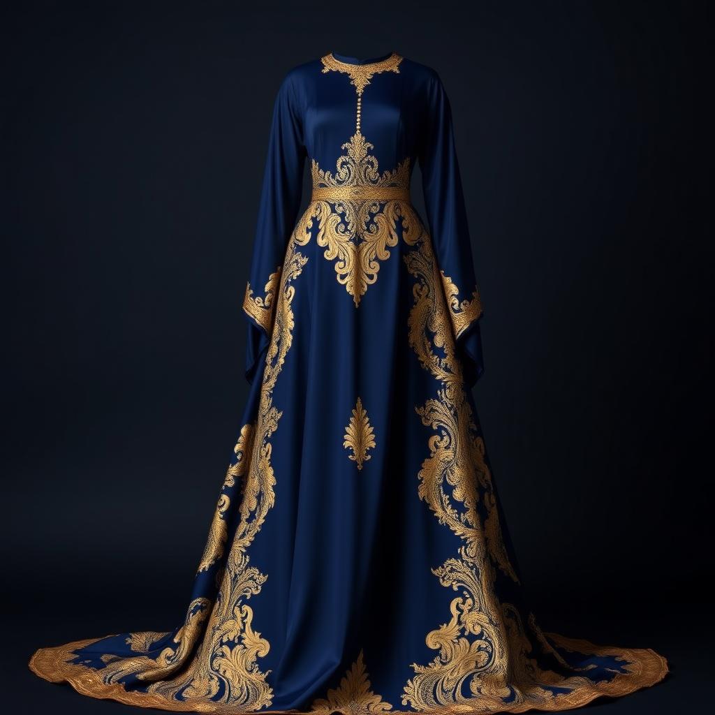 A royal Islamic evening gown that is long and elegant, featuring a deep navy blue color adorned with intricate golden streaks