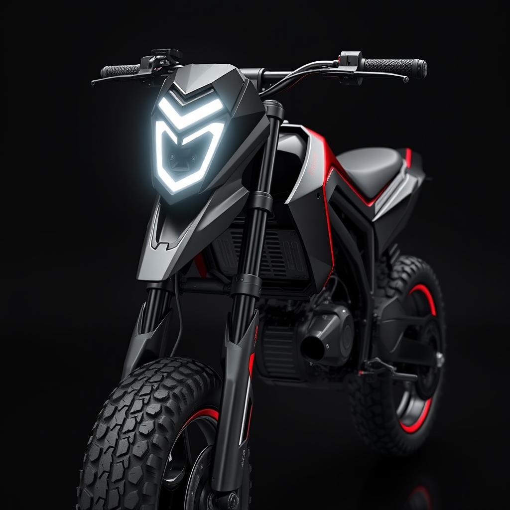 A unique and innovative electric pit bike featuring sharp edges and a sleek, strict style in black and red colors