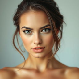 A stunning 25-year-old woman with a captivating and provocative expression, looking directly at the camera