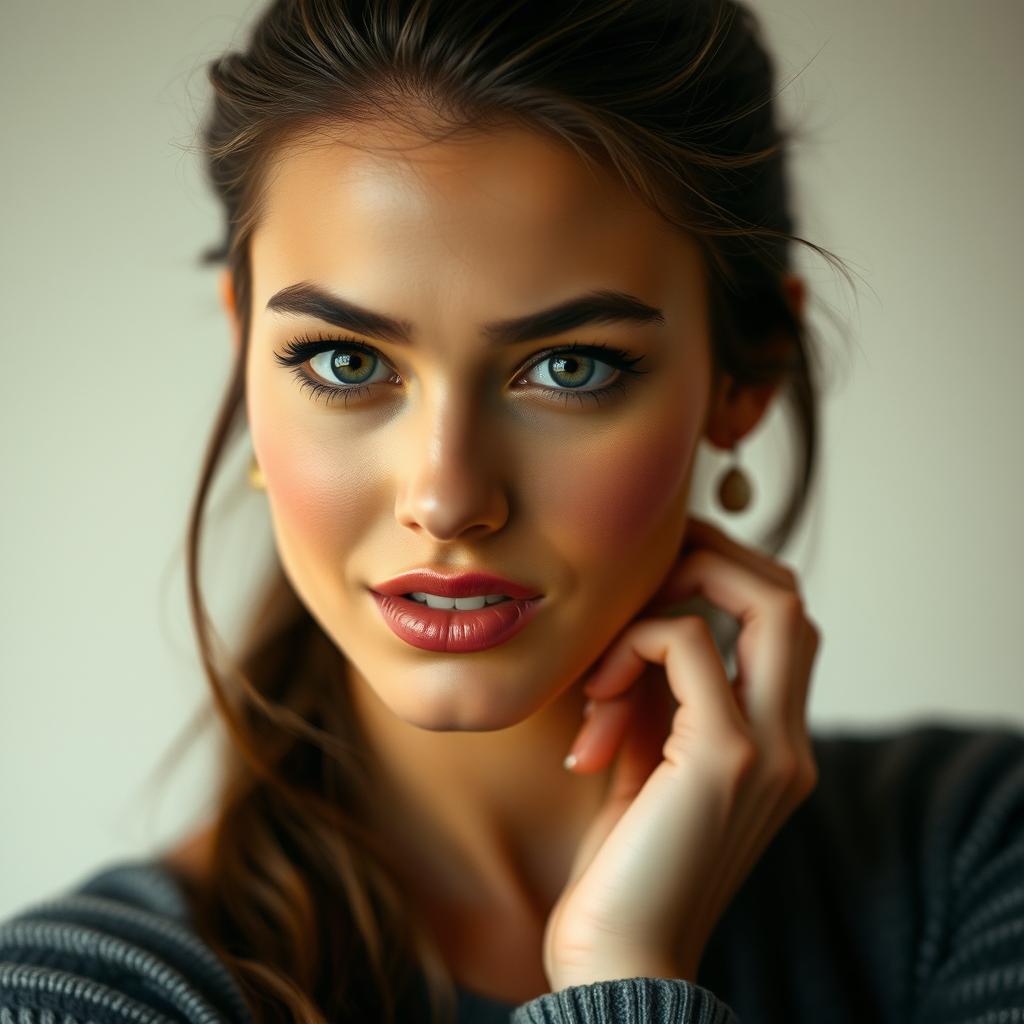 A stunning 25-year-old woman with a captivating and provocative expression, looking directly at the camera