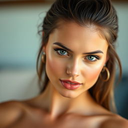 A stunning 25-year-old woman with a captivating and provocative expression, looking directly at the camera