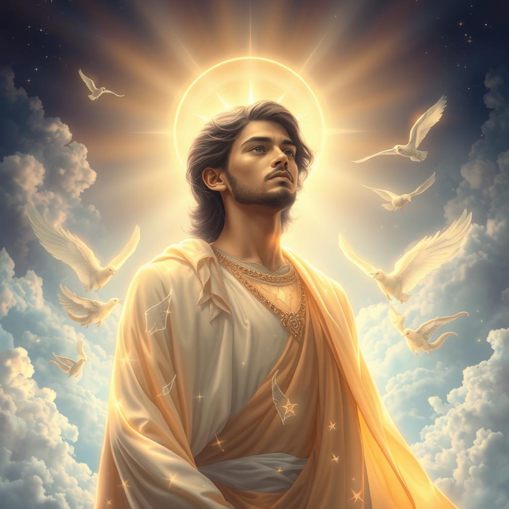 A serene scene depicting Azazil, a celestial being, radiating a sense of nobility and grace amidst a breathtaking heavenly landscape