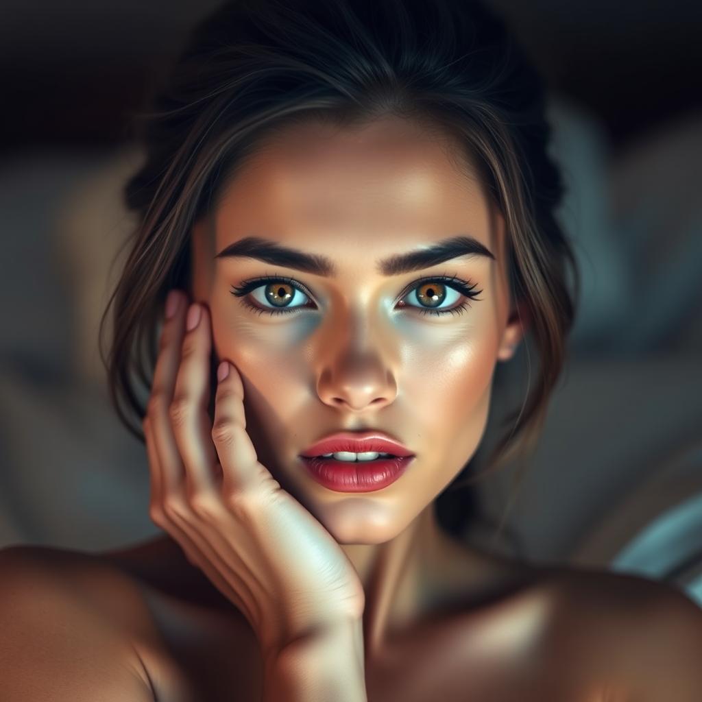 A captivating 25-year-old woman with an alluring and seductive expression, facing the camera head-on in a sensual pose