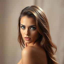 A captivating 25-year-old woman with an alluring and seductive expression, facing the camera head-on in a sensual pose