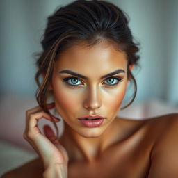 A captivating 25-year-old woman with an alluring and seductive expression, facing the camera head-on in a sensual pose