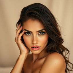 A captivating 25-year-old woman with an alluring and seductive expression, facing the camera head-on in a sensual pose