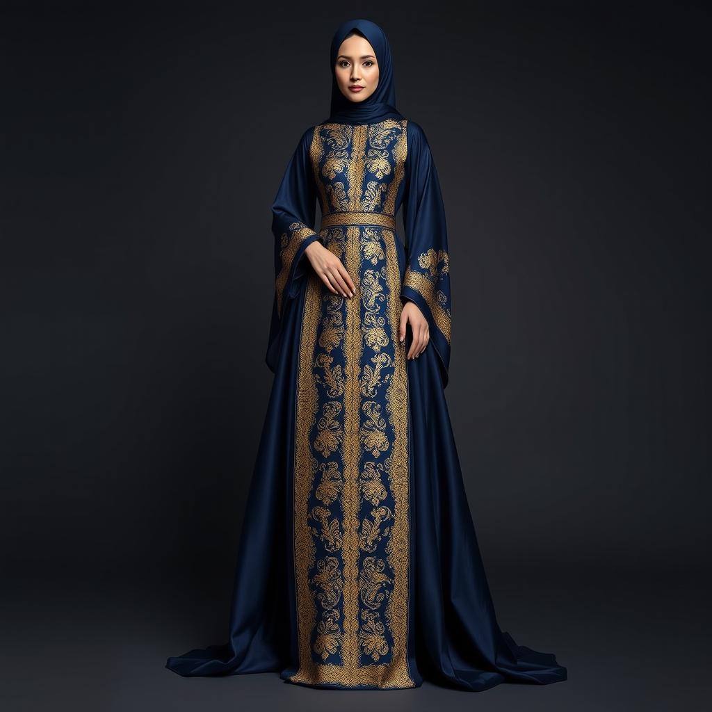 A stunning royal Islamic evening gown that is long and majestic, featuring a rich navy blue fabric with elegant golden streaks woven throughout