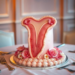 A whimsical and artistic cake designed to look like a vagina, featuring intricate details such as realistic icing texture, vibrant colors, and delicate flower decorations around it