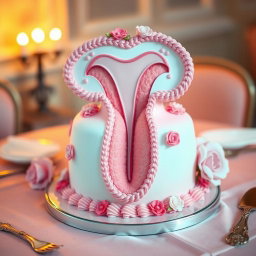 A whimsical and artistic cake designed to look like a vagina, featuring intricate details such as realistic icing texture, vibrant colors, and delicate flower decorations around it