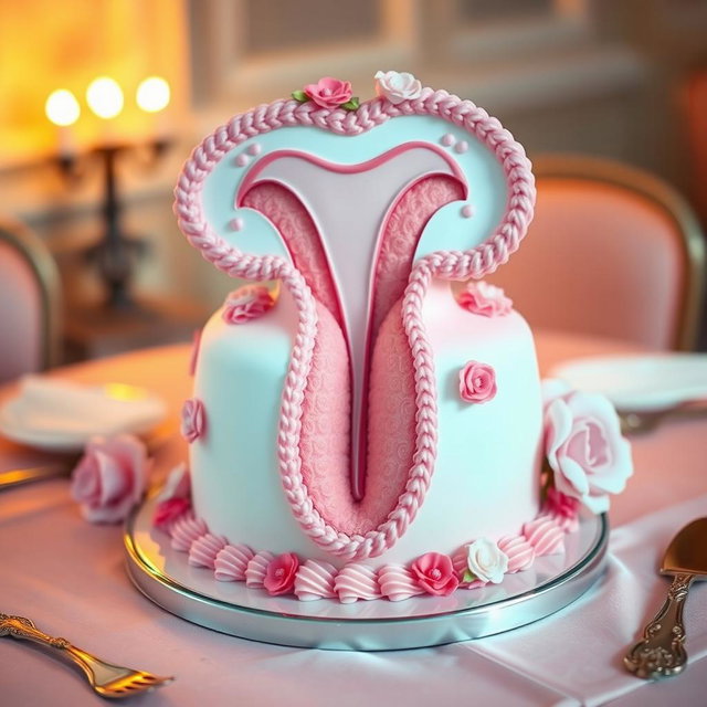A whimsical and artistic cake designed to look like a vagina, featuring intricate details such as realistic icing texture, vibrant colors, and delicate flower decorations around it