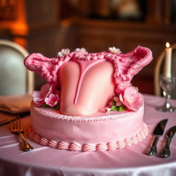 A whimsical and artistic cake designed to look like a vagina, featuring intricate details such as realistic icing texture, vibrant colors, and delicate flower decorations around it