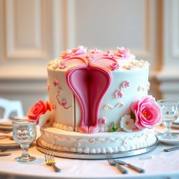 A playful and whimsical cake designed to resemble female anatomy, specifically a stylized representation of a vulva