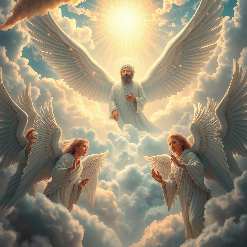 A serene and magnificent celestial scene depicting Allah in the heavenly realm announcing the creation of a caliph on earth, surrounded by majestic angels