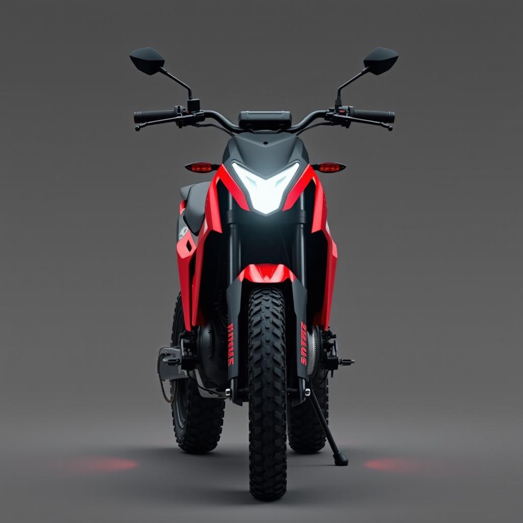 A unique and innovative electric pit bike, designed without a gasoline engine, featuring sharp edges and a sleek, strict style in black and red colors