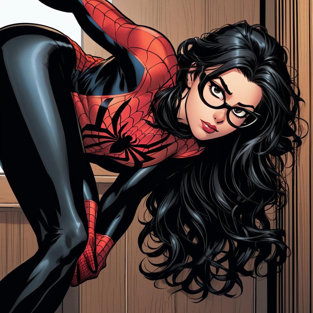 quiero que la chica de la foto tenga diferente pose, que sea el traje completo de spiderman con el mismo color de la imagen y agrega un fondo tipo comic de tonos rojo oscuro