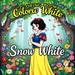 An enchanting book cover for a Snow White coloring book, featuring a beautifully illustrated Snow White, with her classic black bob hairstyle, red ribbon, and yellow skirt