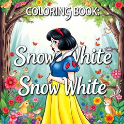 An enchanting book cover for a Snow White coloring book, featuring a beautifully illustrated Snow White, with her classic black bob hairstyle, red ribbon, and yellow skirt