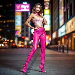A stylish young woman wearing glossy pink latex stockings, standing confidently in an urban environment