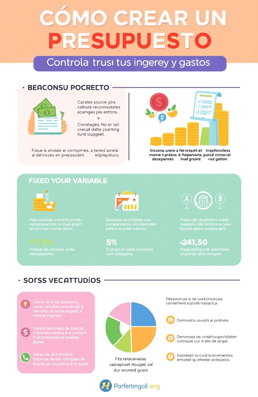 A visually engaging infographic titled 'Cómo Crear un Presupuesto: Controla tus ingresos y gastos'