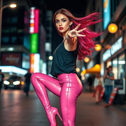 A fashionable young woman wearing sleek pink leather stockings, confidently posing in a trendy urban setting