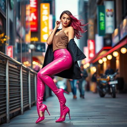 A fashionable young woman wearing sleek pink leather stockings, confidently posing in a trendy urban setting