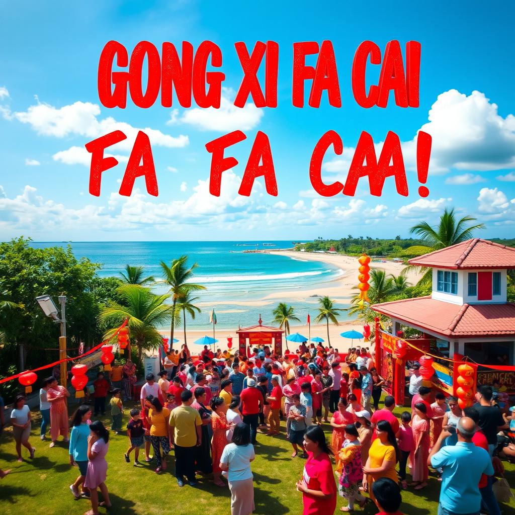 A vibrant landscape scene featuring a festive atmosphere with the text 'GONG XI FA CAI' prominently displayed