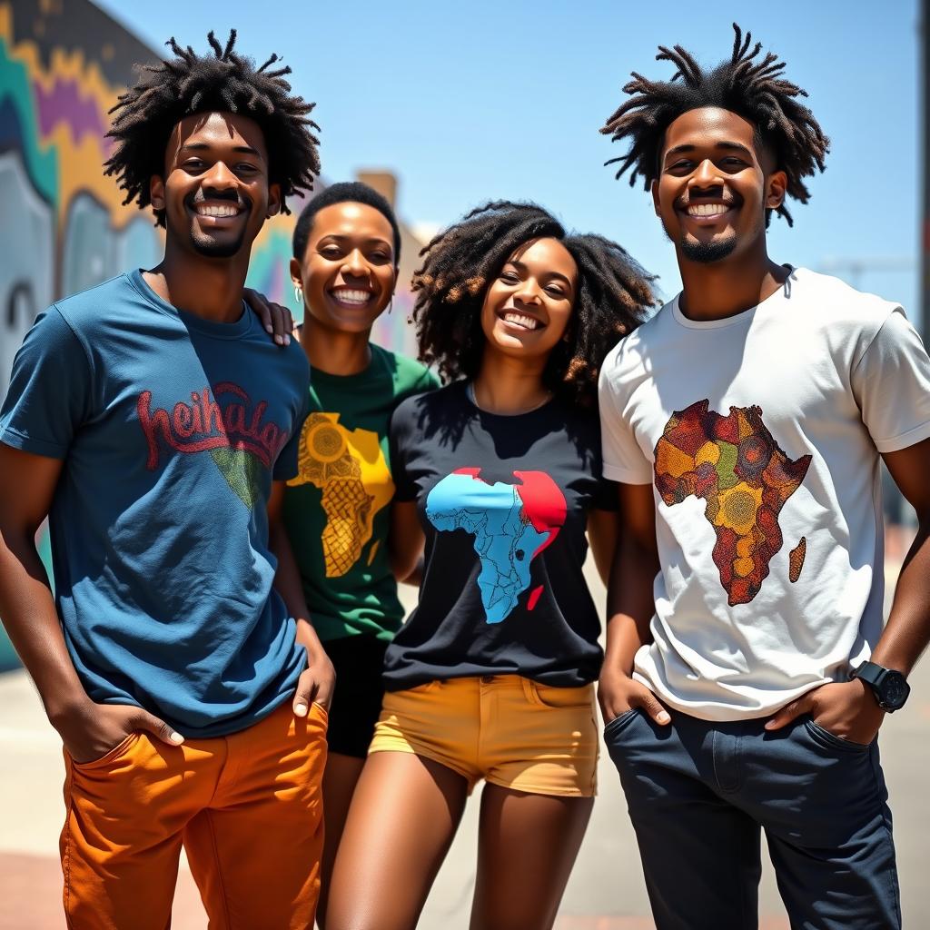 A trendy group of African American friends wearing matching colorful graphic t-shirts, each shirt featuring unique artistic designs that showcase African heritage and cultural symbols