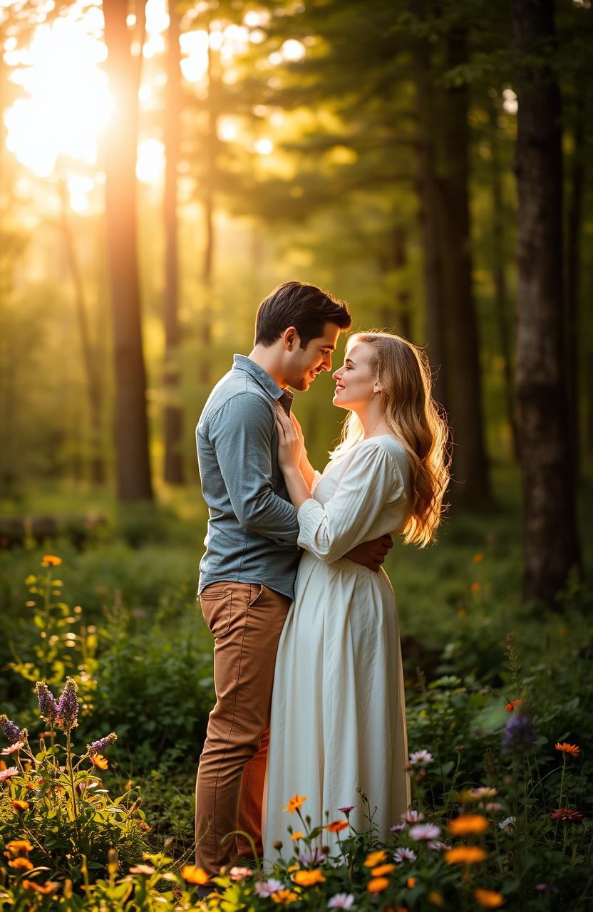 A romantic couple embracing in the center of the image, surrounded by a lush forest backdrop during the late afternoon