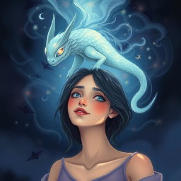 An illustration of a mysterious, ethereal creature whispering inside the mind of a woman, representing her inner thoughts and emotions