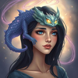 An illustration of a mysterious, ethereal creature whispering inside the mind of a woman, representing her inner thoughts and emotions