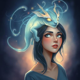 An illustration of a mysterious, ethereal creature whispering inside the mind of a woman, representing her inner thoughts and emotions