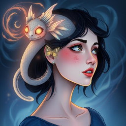 An illustration of a mysterious, ethereal creature whispering inside the mind of a woman, representing her inner thoughts and emotions