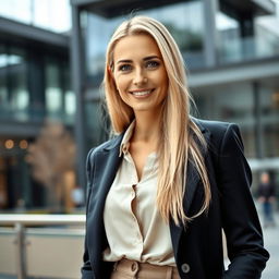 A gorgeous Russian woman aged 40-45, embodying elegance and confidence