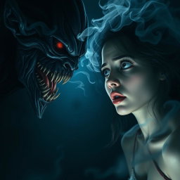 A chilling and realistic depiction of a mysterious creature whispering inside the mind of a woman, capturing a horror theme