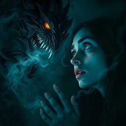 A chilling and realistic depiction of a mysterious creature whispering inside the mind of a woman, capturing a horror theme