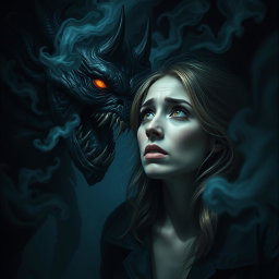 A chilling and realistic depiction of a mysterious creature whispering inside the mind of a woman, capturing a horror theme
