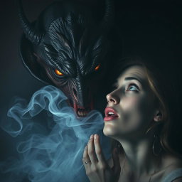 A chilling and realistic depiction of a mysterious creature whispering inside the mind of a woman, capturing a horror theme