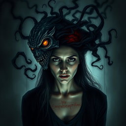 A chilling and realistic depiction of a mysterious creature whispering inside the mind of a woman, emphasizing a horror theme
