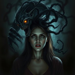 A chilling and realistic depiction of a mysterious creature whispering inside the mind of a woman, emphasizing a horror theme