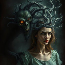 A chilling and realistic depiction of a mysterious creature whispering inside the mind of a woman, emphasizing a horror theme