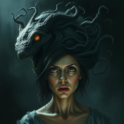 A chilling and realistic depiction of a mysterious creature whispering inside the mind of a woman, emphasizing a horror theme