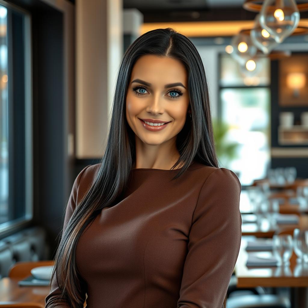 A beautiful Russian woman aged 40-45, exuding elegance and confidence
