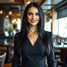 A beautiful Russian woman aged 40-45, exuding elegance and confidence