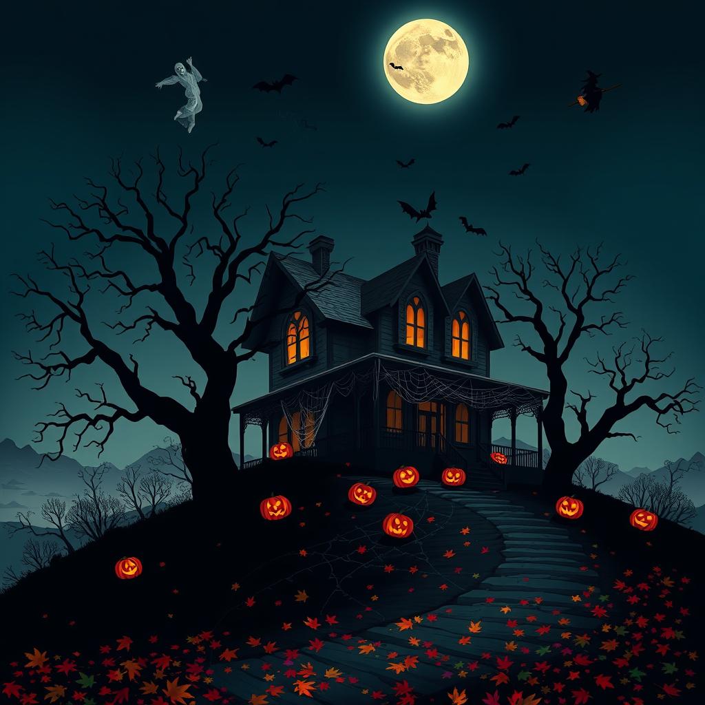 A spooky Halloween night scene, featuring a haunted house on a hill under a full moon