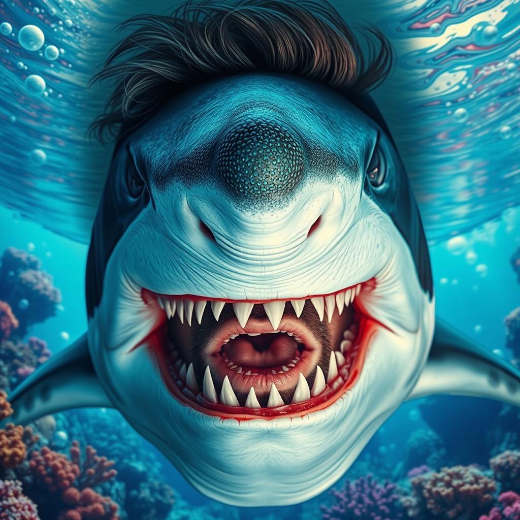 A surreal image depicting a man's face merging with a shark's face in an imaginative and artistic style