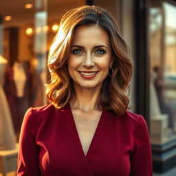 A stunning Russian woman aged 40-45, radiating charm and elegance
