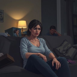 A realistic and emotional scene depicting a woman who is visibly tired and distressed as she confronts the painful reality of her boyfriend's infidelity