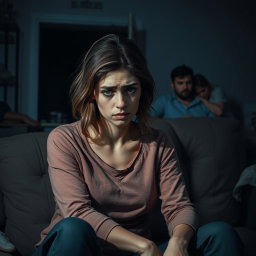 A realistic and emotional scene depicting a woman who is visibly tired and distressed as she confronts the painful reality of her boyfriend's infidelity