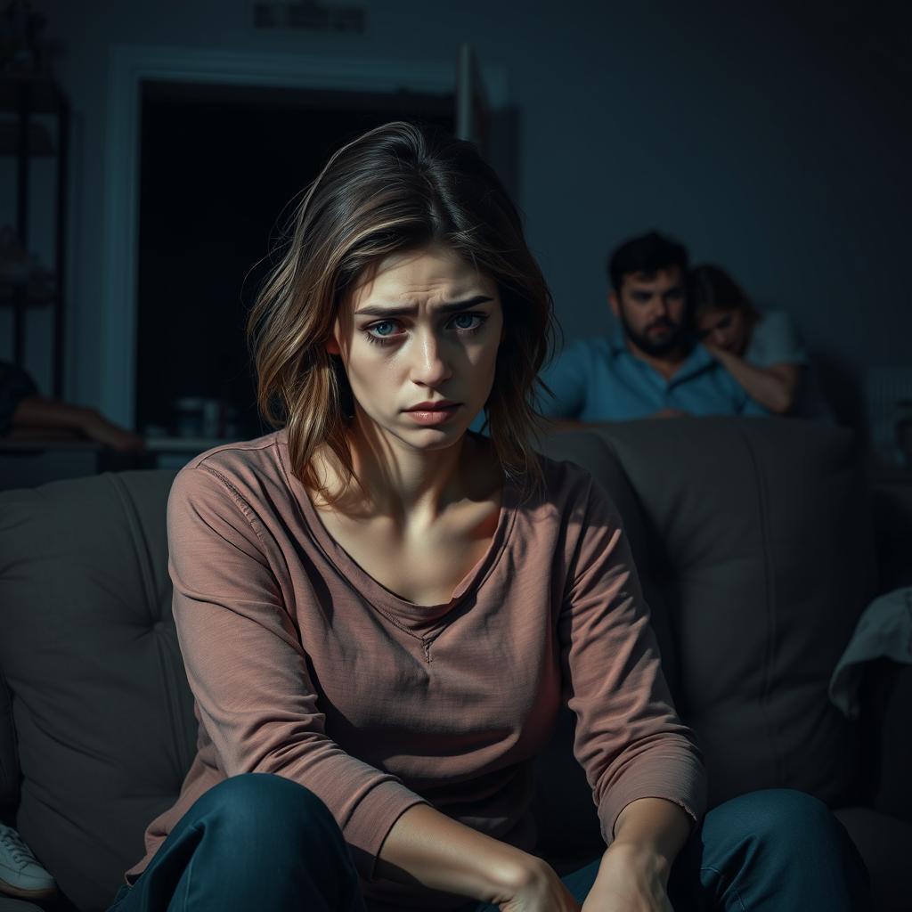 A realistic and emotional scene depicting a woman who is visibly tired and distressed as she confronts the painful reality of her boyfriend's infidelity