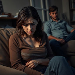 A realistic and emotional scene depicting a woman who is visibly tired and distressed as she confronts the painful reality of her boyfriend's infidelity